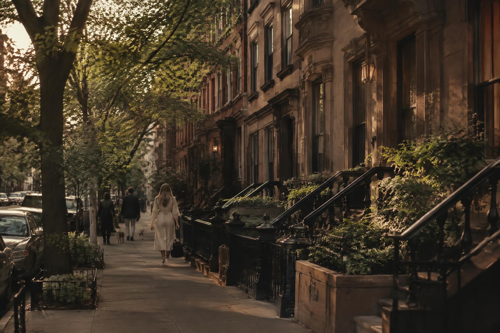 A tree-lined brownstone street at golden hour